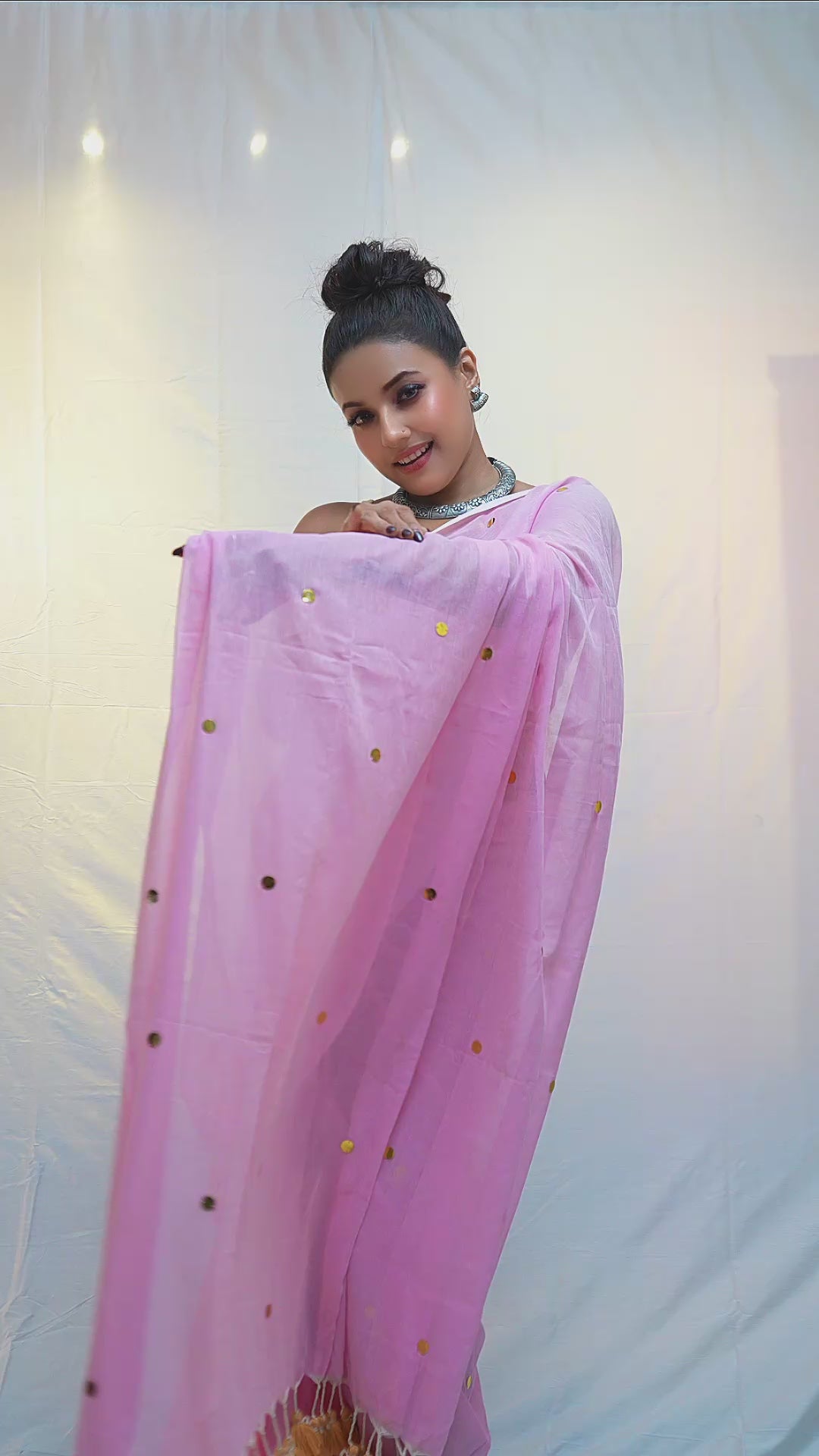 Premium Mal Cotton Sitara Work Saree Baby Pink