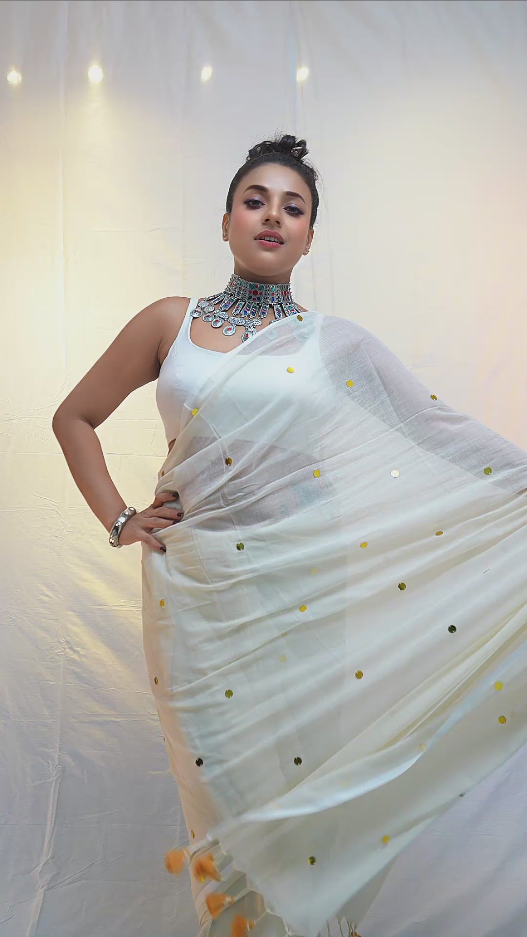 White Malcotton Sitara Work Saree